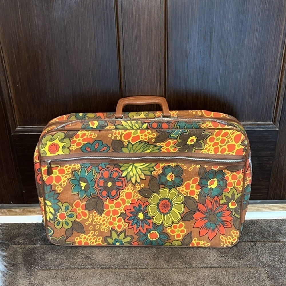 Vintage retro flower power hippie suitcase luggage orange green brown great cond